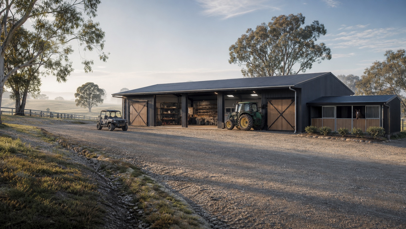 Dark steel rural workshop and stable building near Kalbar