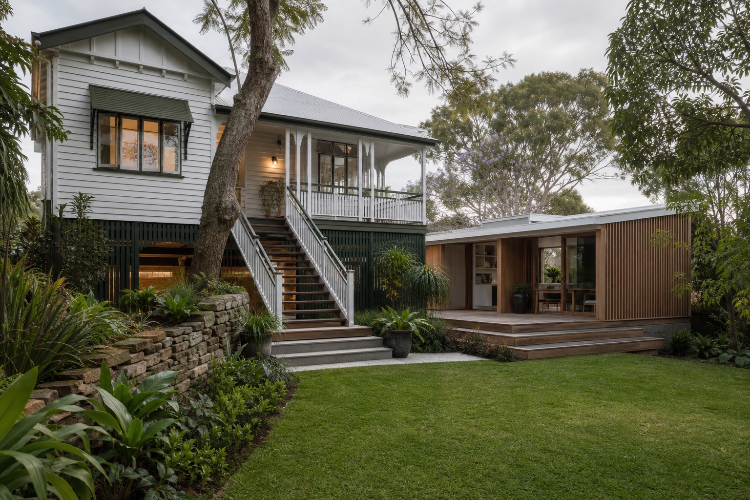 Renovated timber Queenslander and contemporary garden pavilion